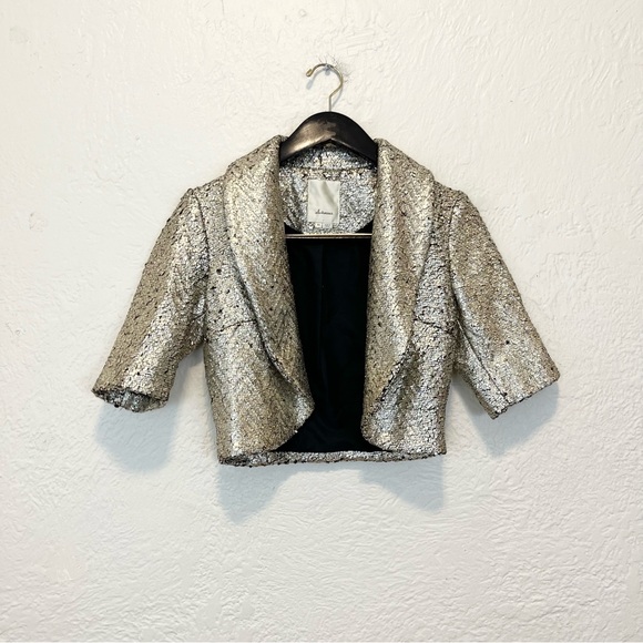 Anthropologie Elevenses Cropped Jacket Gold Foil Wool Bolero XS Preppy Academia - Picture 5 of 10